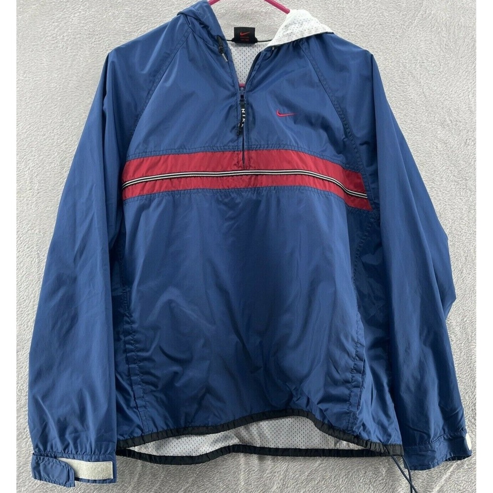 VTG Nike Jacket Boys Size L Windbreaker Anorak Hoodie Blue Red Stripe 90s Y2K